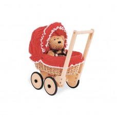 Puppenwagen mit Weidenkorb und Bettwäscheset, Mona - Buche Korbweide, rot