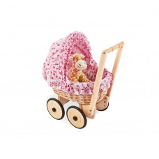 Puppenwagen mit Weidenkorb und Bettwäscheset, Mona - Buche Korbweide, rosa